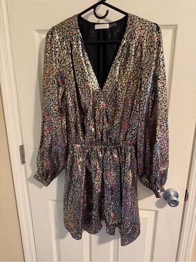 Ramy Brook Metallic Multi-Color V-Neck Long Sleeve Dress